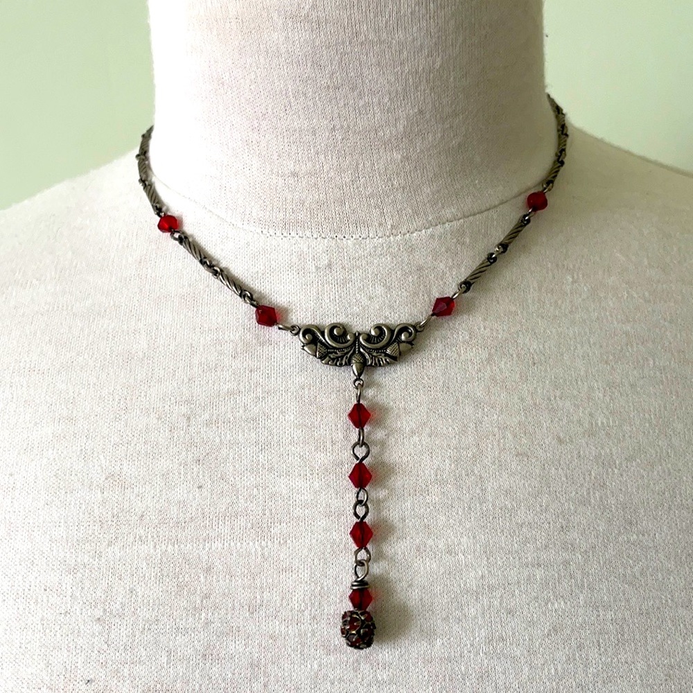 Bohemian Silver Metal Necklace With Red Crystal-Like Beads
